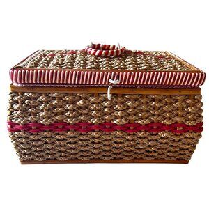 Vintage Wicker Sewing Basket Pink Satin Lined Pin Cushion Lid Candy Cane Trim